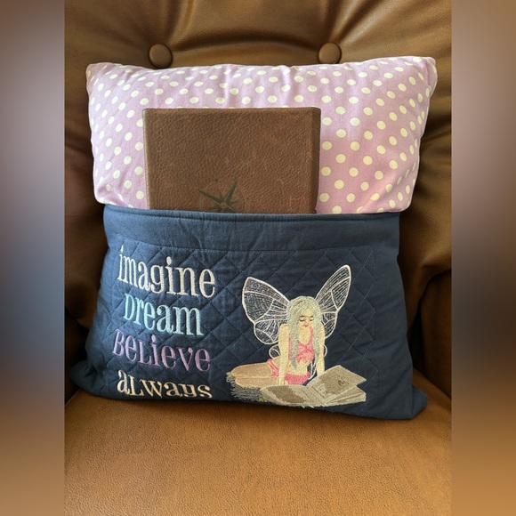 Fairy embroidered reading pillow. Navy blue and purple polka dot. - Picture 2 of 4